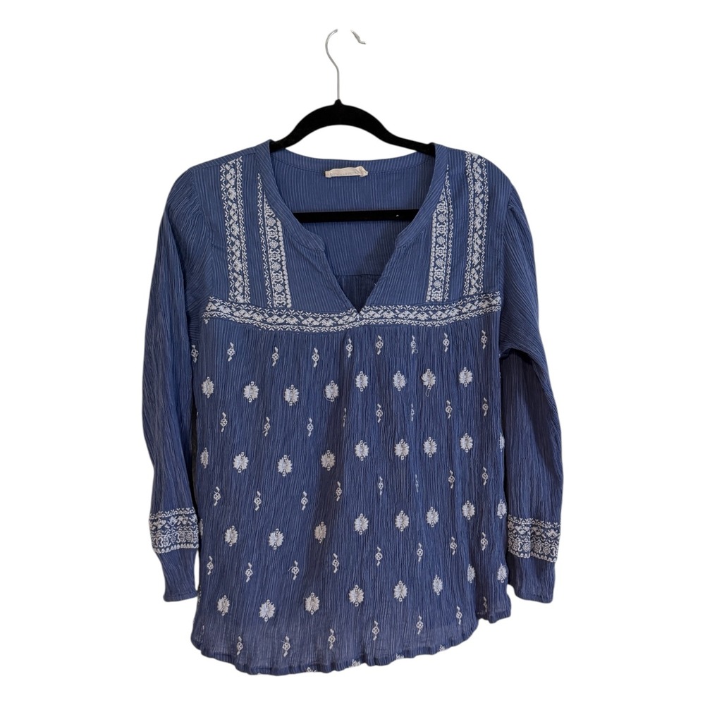 Lucky Brand Embroidered Peasant Top Blue L Womens Popover Boho Gauze Blouse - Picture 2 of 14